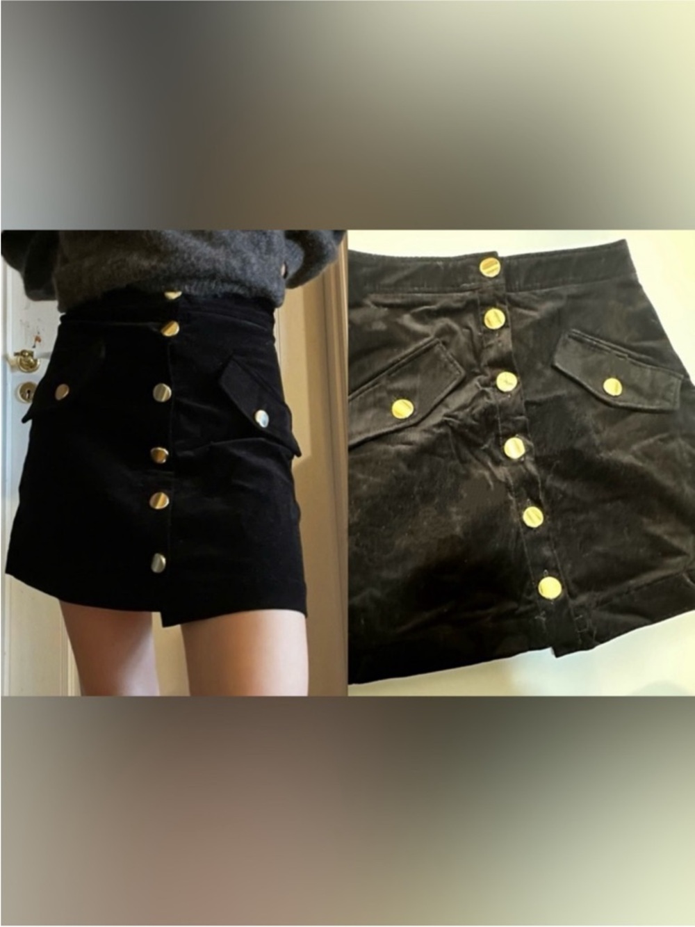 Zara Black Button-Front Velvet Mini Skirt with Gold Buttons